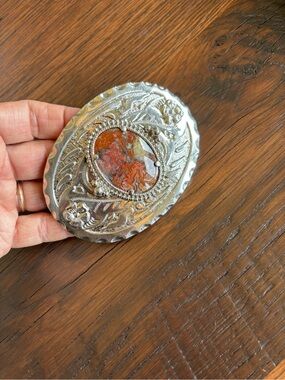 Western Rodeo Cowgirl Cowboy Shiny Silver Coral Color Stone Belt Buckle, Unisex